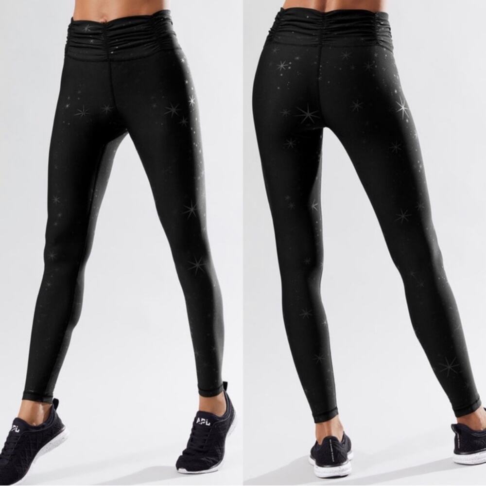Carbon38 Nova Star Print Leggings Ruched Waistband black gray